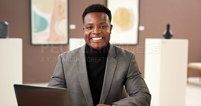 Buy stock photo Black man, smile and portrait of director at art gallery as exhibition coordinator with laptop for business. Confidence, museum and professional artwork curator, worker or African employee with pride