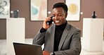 Laptop, phone call and smile of black man in art gallery for exhibition or networking as curator. Communication, computer and planning with happy African person in museum for agenda, expo or showcase