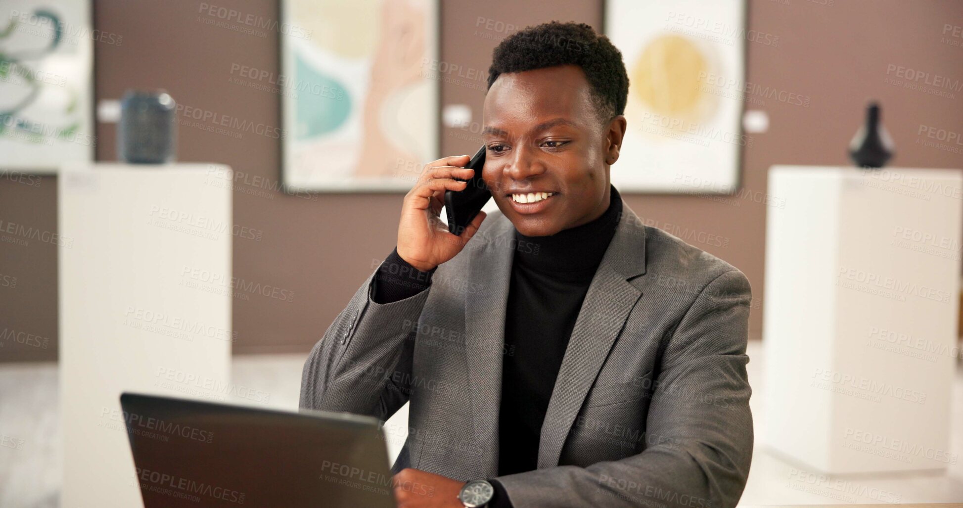 Buy stock photo Laptop, phone call and smile of black man in art gallery for exhibition or networking as curator. Communication, computer and planning with happy African person in museum for agenda, expo or showcase