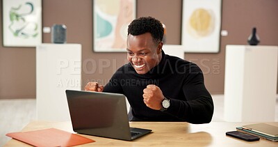 Buy stock photo Art gallery, smile and black man with laptop, cheering and celebration for project funding. African person, manager or curator with pc, exhibition sales or auction with showroom, excited or happiness