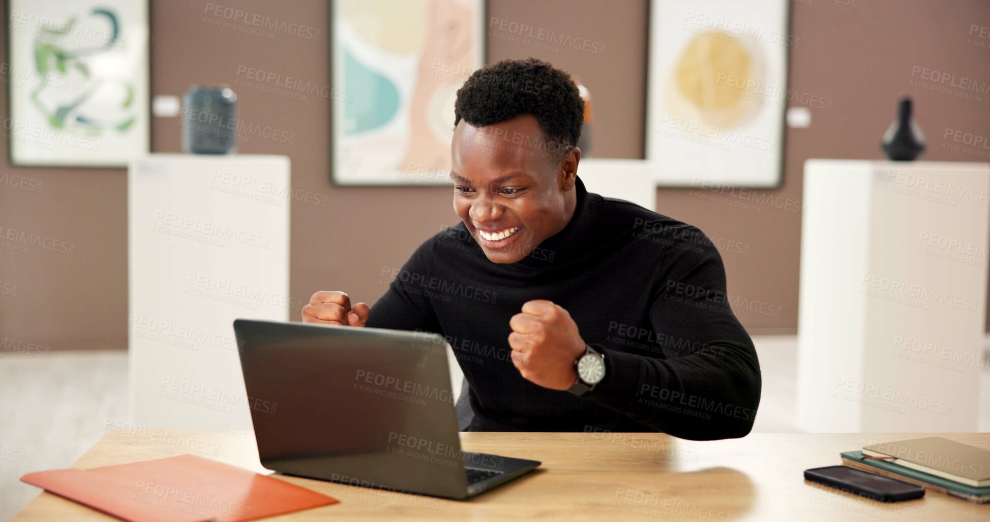 Buy stock photo Art gallery, smile and black man with laptop, cheering and celebration for project funding. African person, manager or curator with pc, exhibition sales or auction with showroom, excited or happiness