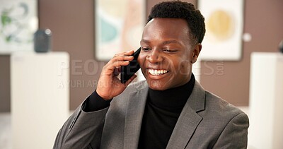 Buy stock photo Art, phone call and smile with black man in museum for exhibition or networking as curator. Communication, conversation and planning with happy African person in gallery for expo, showcase or vision