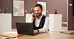 Art, laptop and phone call with man in office for exhibition or networking as curator. Computer, conversation and planning with happy person in gallery or museum for communication, expo and showcase