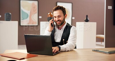 Buy stock photo Art, laptop and phone call with man in office for exhibition or networking as curator. Computer, conversation and planning with happy person in gallery or museum for communication, expo and showcase