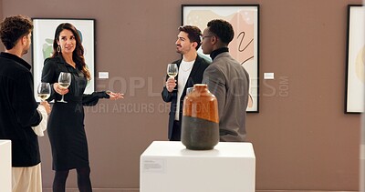 Buy stock photo People, art and talking with champagne at gallery for event, audience chat and sculpture auction. Men, woman and wine glass for discussion, artwork collection and explaining negotiation of exhibition