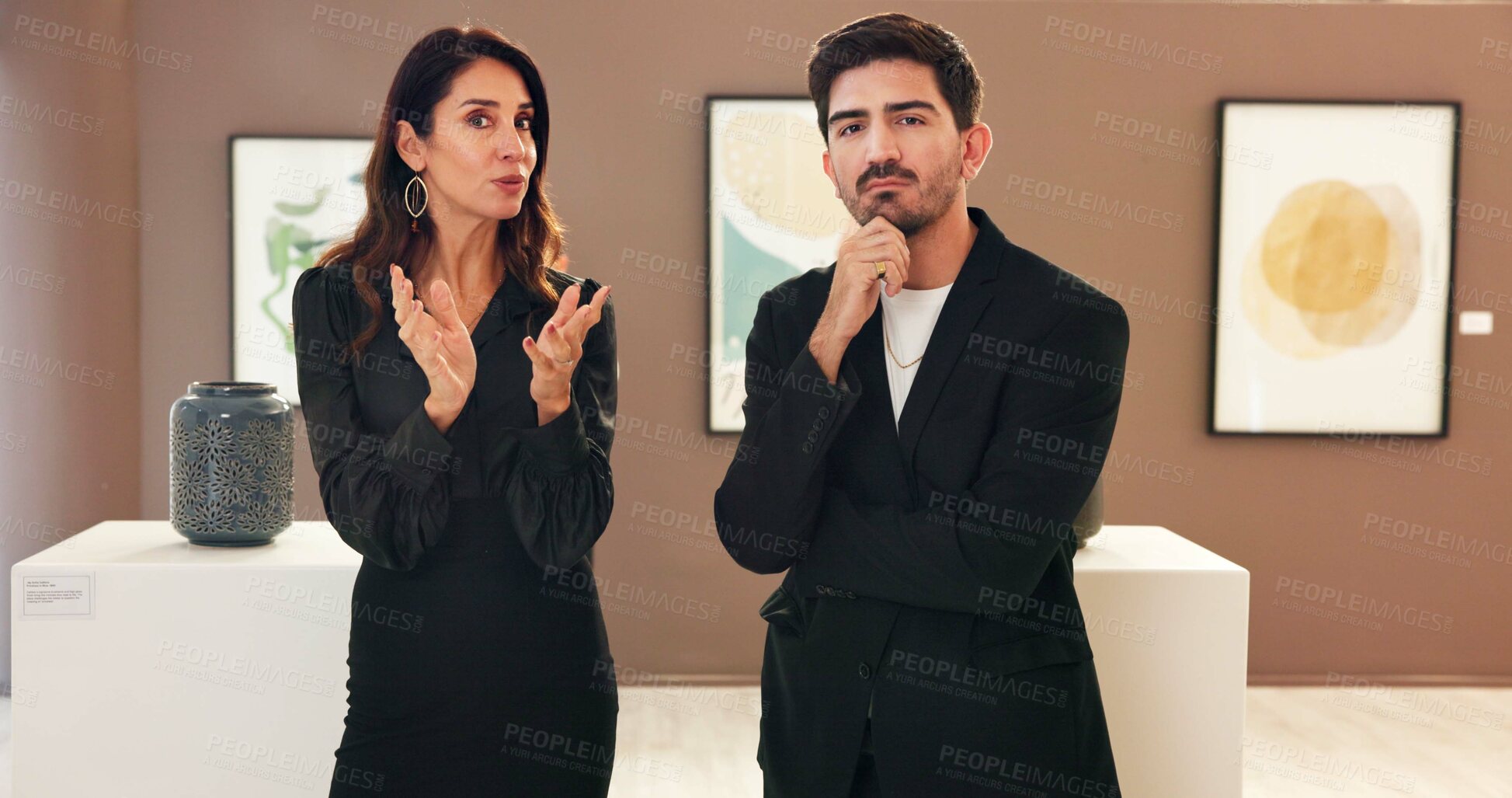 Buy stock photo Woman, man and exhibition with discussion in art gallery for negotiation, talk and explain deal. People, portrait and customer with museum, guide and display with culture, talent or pov at event