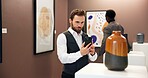 Art gallery, photograph and man in museum with phone for social media, online post and creative blog. Auction, exhibition and person with picture of vase for research, artwork information and review