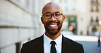 City, black man and portrait with smile for travel, professional career and attorney with confidence. Happy, male person and business lawyer in urban for law firm, legal aid and commute in morning