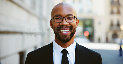 Buy stock photo City, black man and portrait with smile for travel, professional career and attorney with confidence. Happy, male person and business lawyer in urban for law firm, legal aid and commute in morning