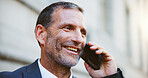 Happy, businessman and city with phone call for communication, conversation or proposal. Man, employee or financial advisor talking with smile on mobile smartphone for business advice or chat in town
