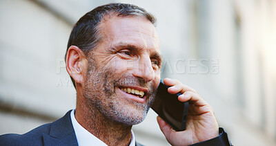 Buy stock photo Happy, businessman and city with phone call for communication, conversation or proposal. Man, employee or financial advisor talking with smile on mobile smartphone for business advice or chat in town
