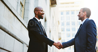 Buy stock photo Happy, business people or men in city, handshake or agreement with B2B deal. Contract, employees or outdoor with thank you, shaking hands or welcome with greeting, hello or partnership with smile