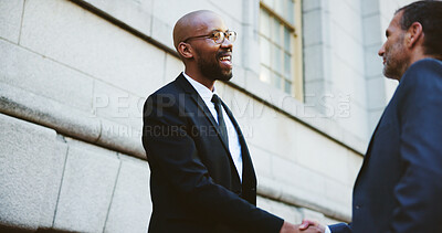 Buy stock photo Business, smile or men in city, handshake or partnership with b2b deal, welcome and agreement. Contract, employees or outdoor with introduction, onboarding or shaking hands with greeting and hello