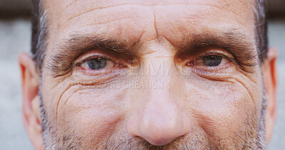 Buy stock photo Closeup, mature man and portrait with eyes for wellness, awareness and optometry for vision test. Healthcare, eyelash and male person with optical wellbeing for contact lenses, sight and perception