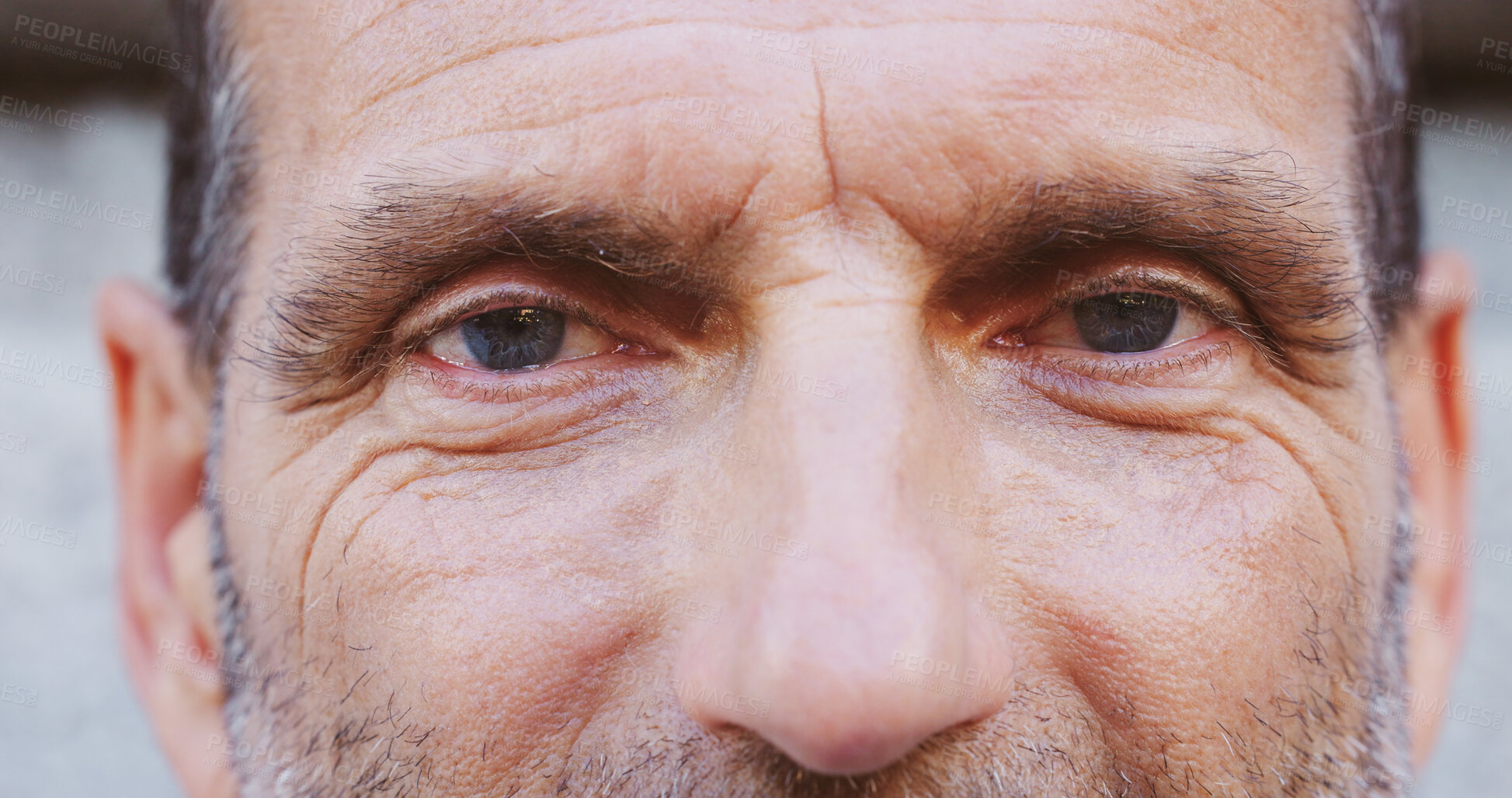 Buy stock photo Closeup, mature man and portrait with eyes for wellness, awareness and optometry for vision test. Healthcare, eyelash and male person with optical wellbeing for contact lenses, sight and perception