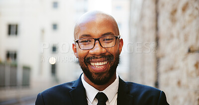 Buy stock photo City, black man and lawyer in portrait for travel, professional career and confidence with laughing. Happy, male person and business attorney in urban for law firm, legal aid and commute in morning