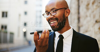 Buy stock photo Happy, black man or talking with speaker phone in city for communication, audio message or voice note. Businessman, lawyer or attorney with smile on mobile smartphone for chat or app in an urban town