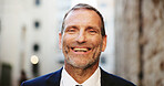 City, businessman and portrait with laughing for travel, professional career and attorney with confidence. Smile, mature person and male lawyer in urban for law firm, legal aid and commute in morning