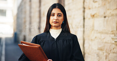 Buy stock photo Portrait, lawyer and woman in city, folder and trial report with courtroom schedule. Face, person and attorney with file, documents and legal services with justice constitution and verdict claims