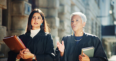 Buy stock photo Women, judge and talking in city outdoor for courtroom discussion, legal team and justice procedure. People, lawyers and conversation of investigation, hearing process and information for jury recess