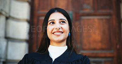 Buy stock photo Thinking, lawyer and woman with smile, confidence and pride for career ambition and success. Person, outdoor and attorney with happiness, legal aid and female empowerment with court and law firm