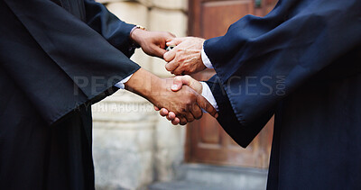 Buy stock photo Handshake, judge or money for bribe, corruption or payment for illegal agreement in city. Lawyer, people shaking hands or cash for crime coverup, power abuse or fraud for secret deal on court verdict