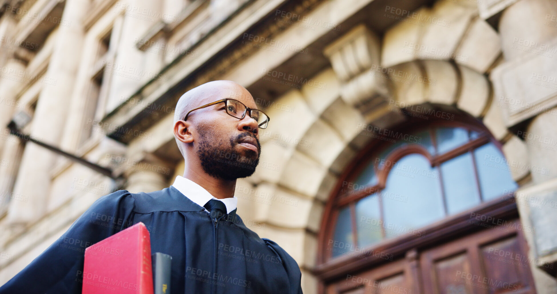 Buy stock photo Thinking, walk and judge and black man in city for trial report, policy legislation and legal documents. Lawyer idea, attorney paperwork and vision with person at courtroom outdoor in low angle