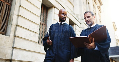 Buy stock photo Men, judge and book in city outdoor for courtroom discussion, constitution and justice procedure. People, lawyers and trial report for investigation, hearing process and information of jury statement