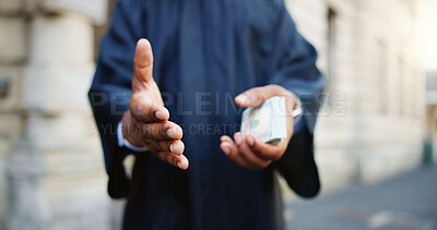 Buy stock photo Person, judge and handshake with money for bribe, corruption deal and agreement of court verdict. Hands, attorney and cash for political payment, justice fraud and secret partnership of illegal offer