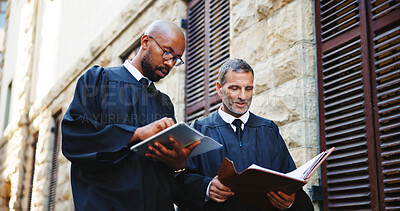Buy stock photo People, judge and book in city outdoor for courtroom discussion, constitution and justice procedure. Men, lawyers and trial report for investigation, hearing process and information of jury statement