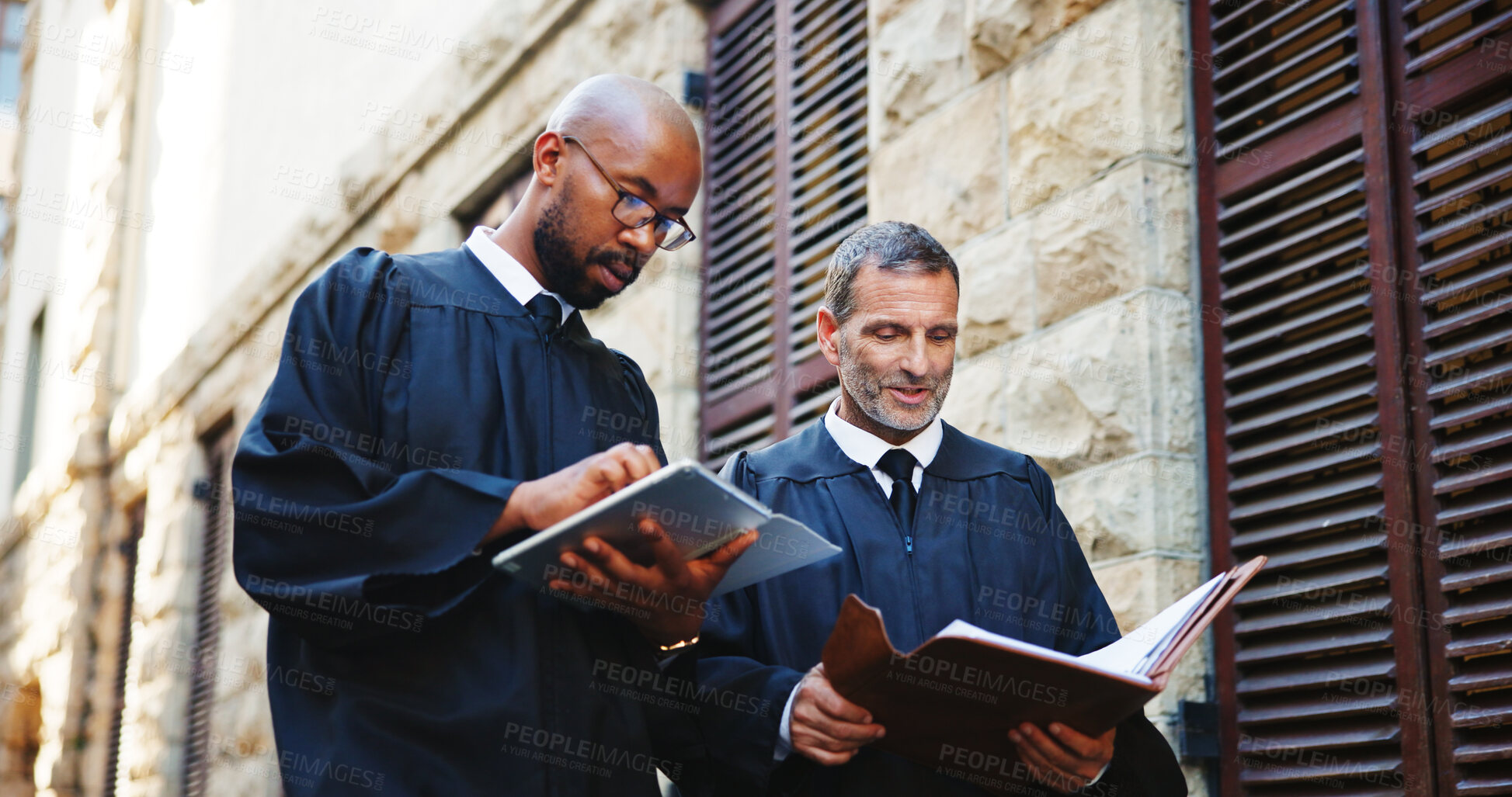 Buy stock photo People, judge and book in city outdoor for courtroom discussion, constitution and justice procedure. Men, lawyers and trial report for investigation, hearing process and information of jury statement