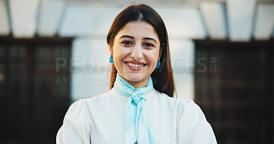 Buy stock photo Happy, city and portrait of business woman with confidence, pride and smile for career. Professional, corporate consultant and face of person in urban town for job opportunity, company and ambition