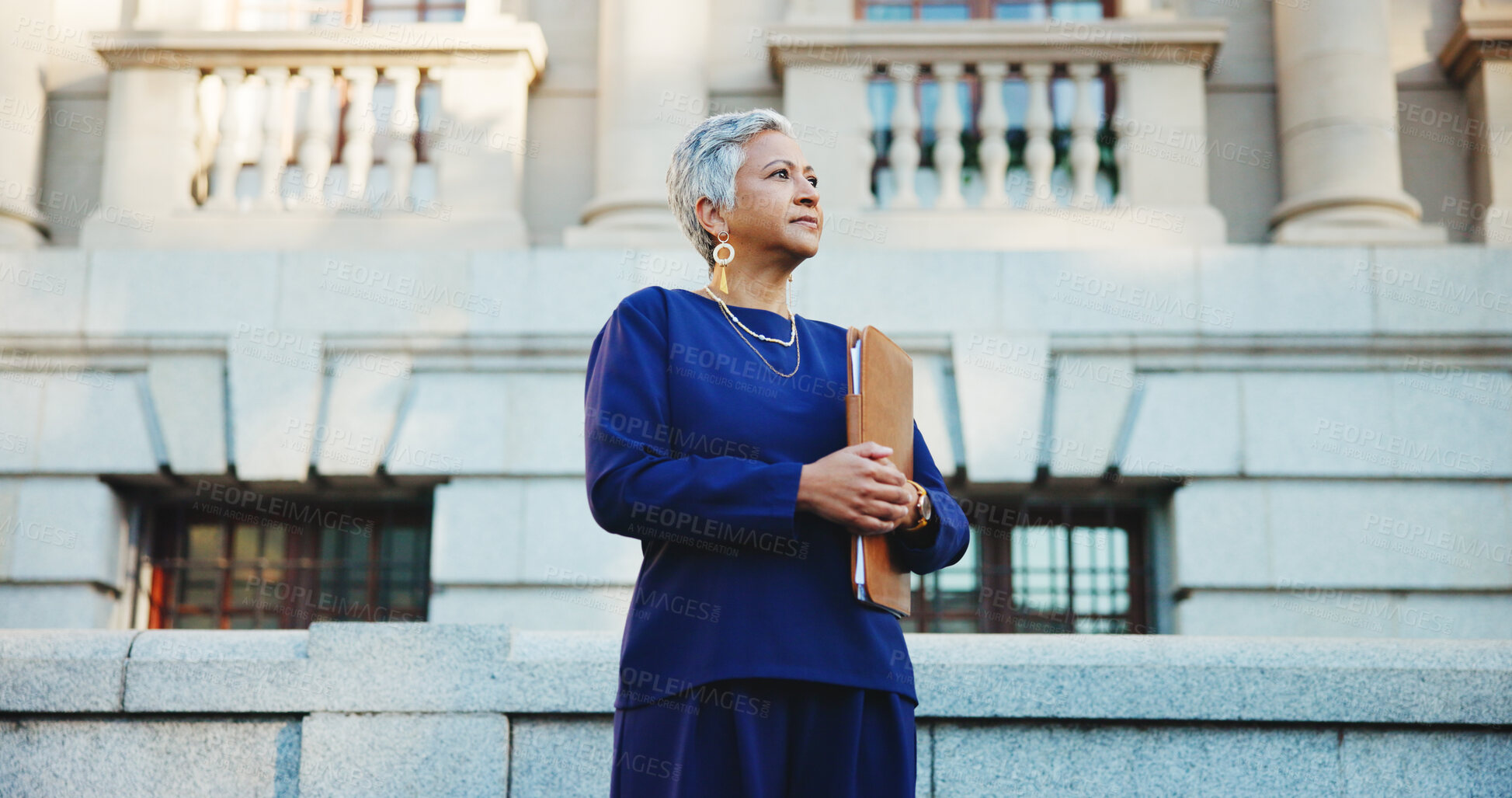 Buy stock photo Lawyer, documents and vision with business woman in city for court case files, trial assessment and attorney brief. Plead agreement, legal research and advocate paperwork with mature person thinking