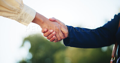 Buy stock photo Teamwork, business people and handshake outdoor for deal, sustainable agreement or eco friendly offer. Closeup, shaking hands and green partnership for collaboration together and thank you in nature