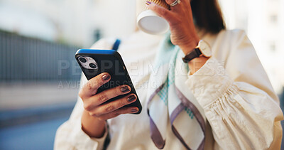 Buy stock photo Hand, closeup and phone with business woman in city for communication, real estate listing and connection. Networking, client feedback and property viewing schedule with person and coffee outdoor 