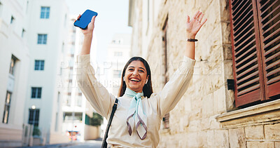 Buy stock photo Happy, excited and woman in city with phone, earphones and good news for job opportunity at law firm. Music, dance and business lawyer in street with smile, smartphone and notification for success