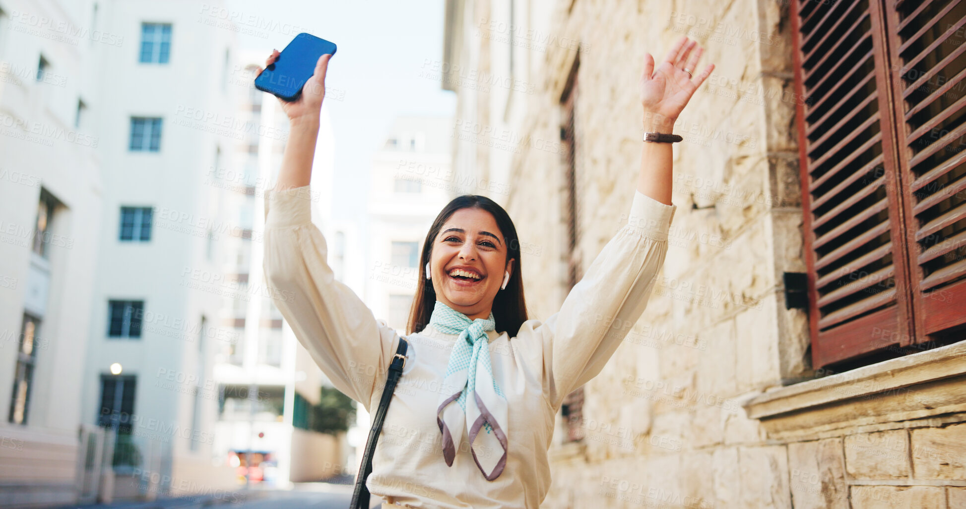 Buy stock photo Happy, excited and woman in city with phone, earphones and good news for job opportunity at law firm. Music, dance and business lawyer in street with smile, smartphone and notification for success