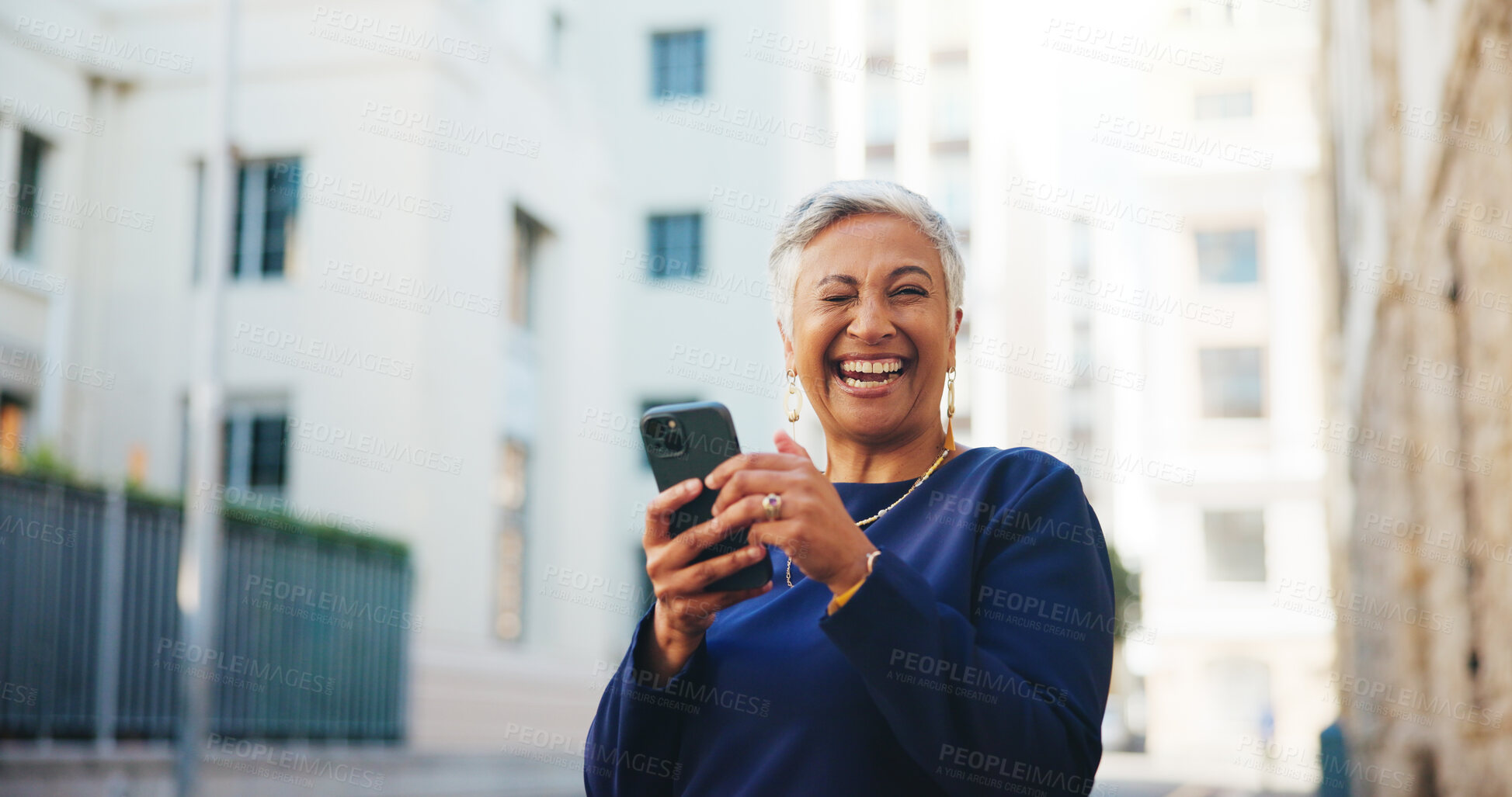 Buy stock photo Wink, portrait and phone with business woman in city for communication, real estate listing deal and connection. Networking, client agreement and property viewing schedule with mature person outdoor 