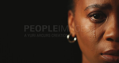 Buy stock photo Portrait, crying and sad woman in studio for stress, ptsd and mental health on background. Tears, half face and unhappy person with trauma from abuse, crisis and depression with mockup space closeup