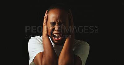 Buy stock photo Woman, screaming and sad with stress in studio, panic or mental health by black background. African person, anxiety and shouting with depression, frustrated or mockup space with trauma, ptsd and dark