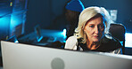 Woman, hacker and reading on computer at night for programming, cyber attack and online information. Mature person, pc and research for website phishing, data protection and criminal with fraud risk