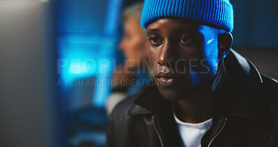 Buy stock photo Hacker, coding and man with computer, night and data for cyber espionage, system and phishing in office. Online, programming and person with tech for ransomware, spy and hacking for fraud or scam