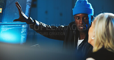 Buy stock photo People, computer and screen to explain coding for hacking server, cyber espionage and phishing process. Man, woman and team with tech for ransomware, online procedure and spy for programming malware