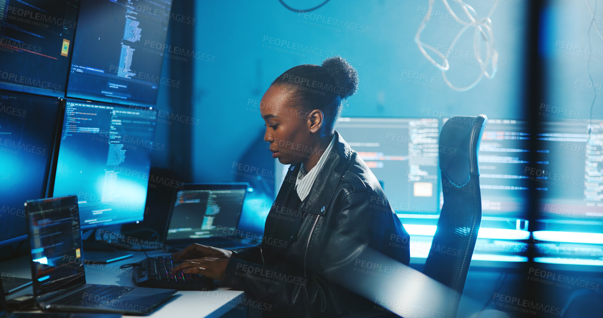 Buy stock photo Black woman, typing and coding on computer at night for programming, cyber attack and online information. Person, pc and research for website phishing, data protection and server script for hacking