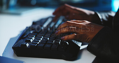 Buy stock photo Woman, hands and typing with keyboard at night for research, email or communication at office. Closeup of female person, journalist or business writer working late on computer for content creation