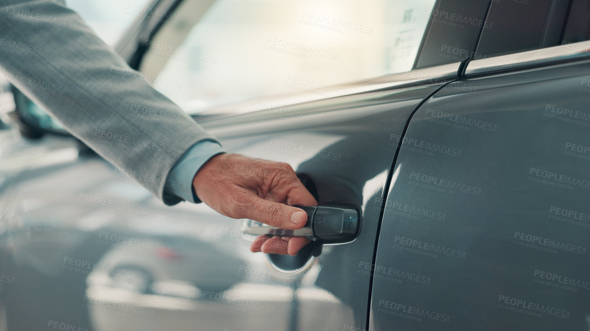 Buy stock photo Car, door and hand of salesman at dealership for advice, consulting or negotiation of vehicle purchase. Insurance, retail and showroom with automobile representative at work for luxury rental