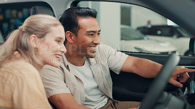 Buy stock photo Smile, dealership and couple in new car for purchase on transport with test drive of vehicle. Happy, evaluation and man with woman for decision on automotive shopping with positive choice together.