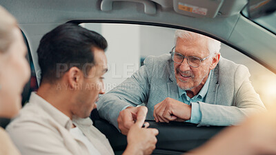 Buy stock photo New car, happy couple or salesman with keys at dealership for purchase success, transport hire or buyer. Drive, give or excited customer with smile for automobile collection, loan or rental agreement