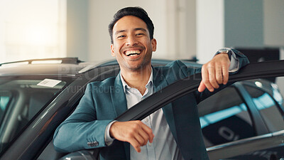 Buy stock photo Happy man, face and salesman with confidence at car dealership for promotion, discount and offer. Seller, agent and proud broker in portrait for business and display vehicle at showroom in Mexico