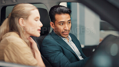 Buy stock photo Discussion, dealership and salesman with woman in new car for purchase on transport with test drive of vehicle. Explaining, evaluation and man with customer for decision on automotive shopping.